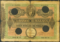 100 Reales. 24 de Septiembre de 1856. Banco de Málaga, impreso por MacLure & MacDonald, en Londres. Sin serie y con 4 taladros (como la mayoría de los...