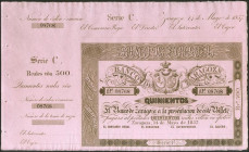 500 Reales. 14 de Mayo de 1857. Banco de Zaragoza. Serie C y con matriz. (Edifil 2021: 128B). Apresto original. SC.