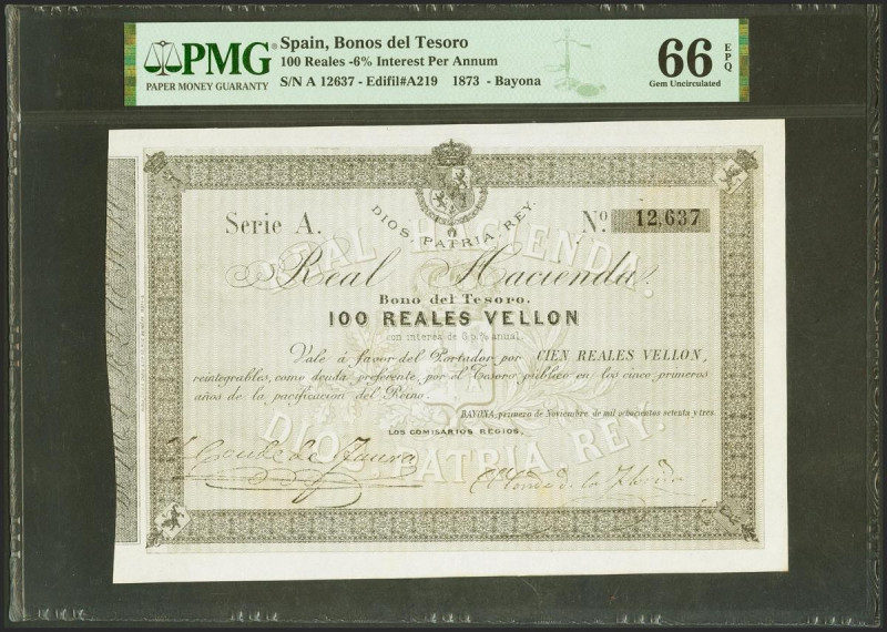 100 Reales de Vellón. 1 de Noviembre de 1873. Real Hacienda. Serie A. (Edifil 20...