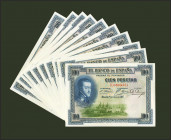 Conjunto de 10 billetes correlativos de 100 Pesetas emitidos el 1 de Julio de 1925 con la serie E (Edifil 2021: 350), conservando todo su apresto orig...