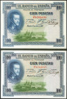 Conjunto de 2 billetes de 100 Pesetas emitidos el 1 de Julio de 1925 con la serie F (Edifil 2021: 350), conservando todo su apresto original. SC/SC-.