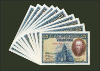 Precioso conjunto de 10 billetes correlativos de 25 Pesetas emitidos el 15 de Agosto de 1928 con la serie B (Edifil 2021: 353), conservando todo su ap...