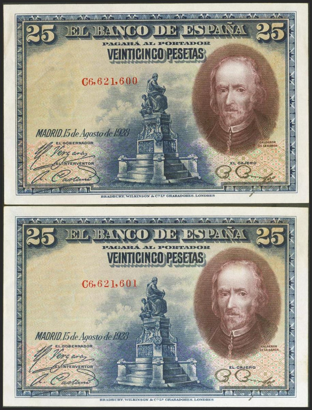 25 Pesetas. 15 de Agosto de 1928. Pareja correlativa. Serie C. (Edifil 2021: 353...