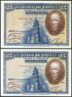 Conjunto de 2 billetes de 25 Pesetas emitidos el 15 de Agosto de 1928 con la serie C (Edifil 2021: 353), conservando gran parte del apresto original. ...