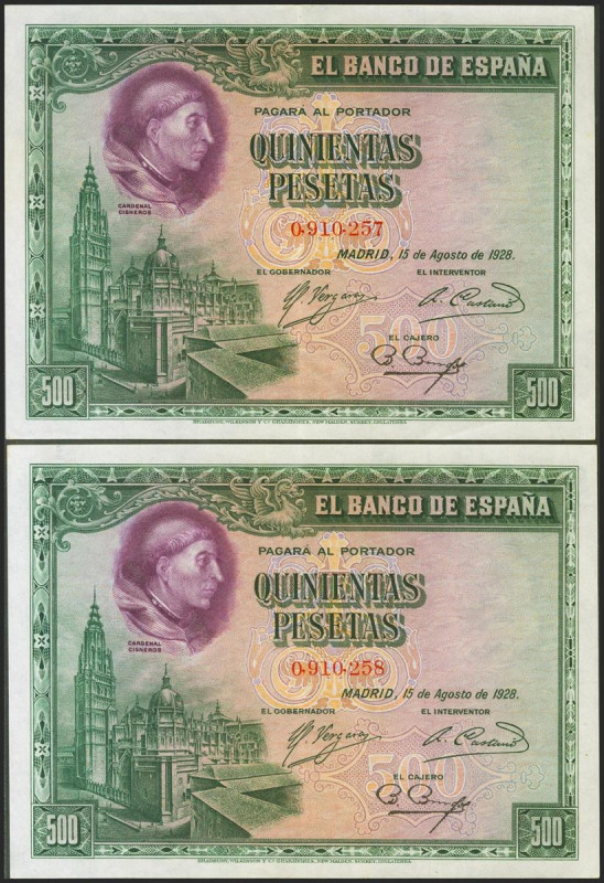 500 Pesetas. 15 de Agosto de 1928. Pareja correlativa. Sin serie. (Edifil 2021: ...