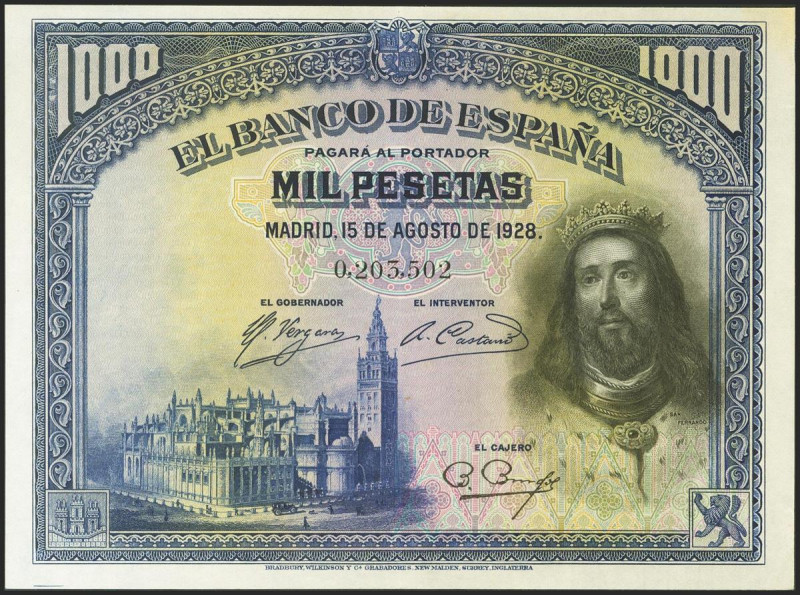 1000 Pesetas. 15 de Agosto de 1928. Sin serie y numeración baja. (Edifil 2021: 3...