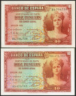 Conjunto de 2 billetes de 10 Pesetas Certificado de Plata emitidos en 1935 y con las series A y B, respectivamente (Edifil 2021: 364a), conservando to...