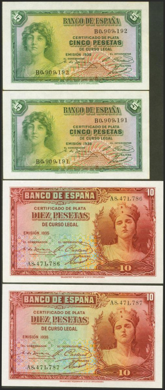 5 Pesetas y 10 Pesetas. 1935. Parejas correlativas. Certificado de Plata. Series...