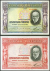 Conjunto de 2 billetes de 50 Pesetas emitidos el 22 de Julio de 1935 y sin serie, ambos alterados químicamente. (Edifil 2021: 366). EBC/SC.