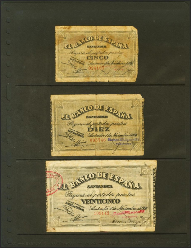 Serie de 5 billetes del Banco de España de la sucursal de Santander correspondie...