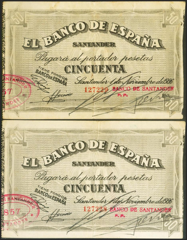 50 Pesetas. 1 de Noviembre de 1936. Pareja correlativa. Banco de España, sucursa...