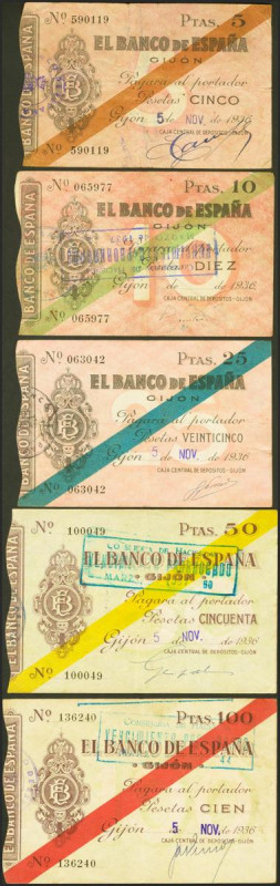 Conjunto de 5 billetes de 5 Pesetas, 10 Pesetas, 25 Pesetas, 50 Pesetas y 100 Pe...