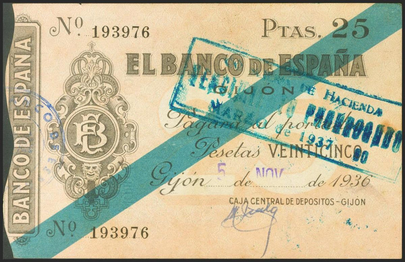 25 Pesetas. 5 de Noviembre de 1936. Sucursal de Gijón. Sin serie. (Edifil 2021: ...