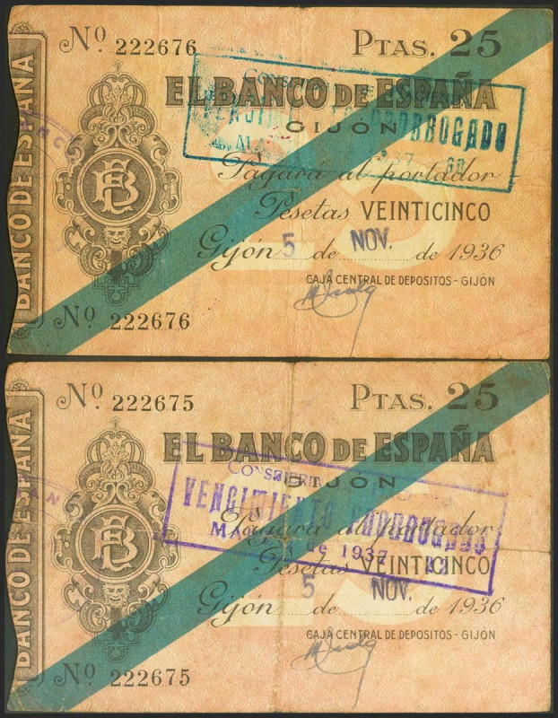 25 Pesetas. 5 de Noviembre de 1936. Sucursal de Gijón. Pareja correlativa. Sin s...