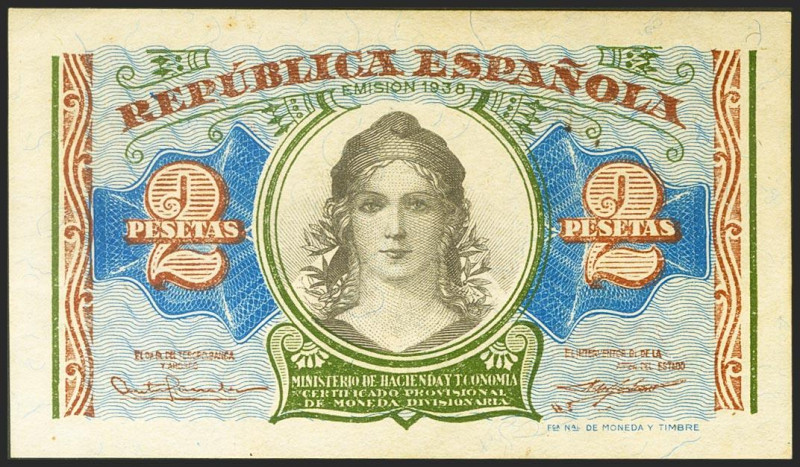 2 Pesetas. 1938. Ministerio de Hacienda. Serie A. (Edifil 2021: 393). Apresto or...