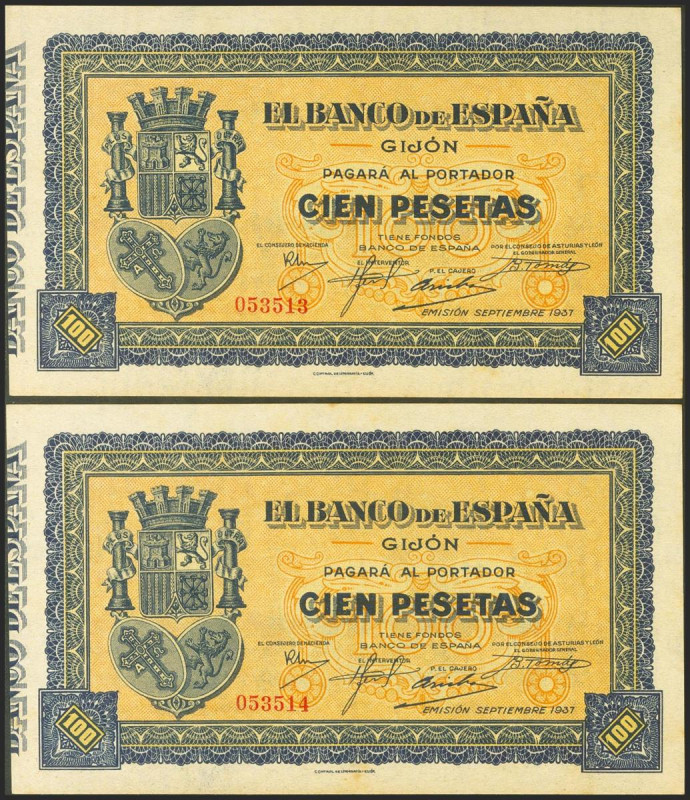 100 Pesetas. Septiembre 1937. Pareja correlativa. Asturias y León. Sin serie. (E...