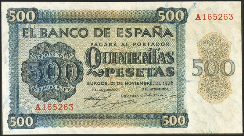 500 Pesetas. 21 de Noviembre de 1936. Serie A. (Edifil 2021: 422). Inusual, míni...