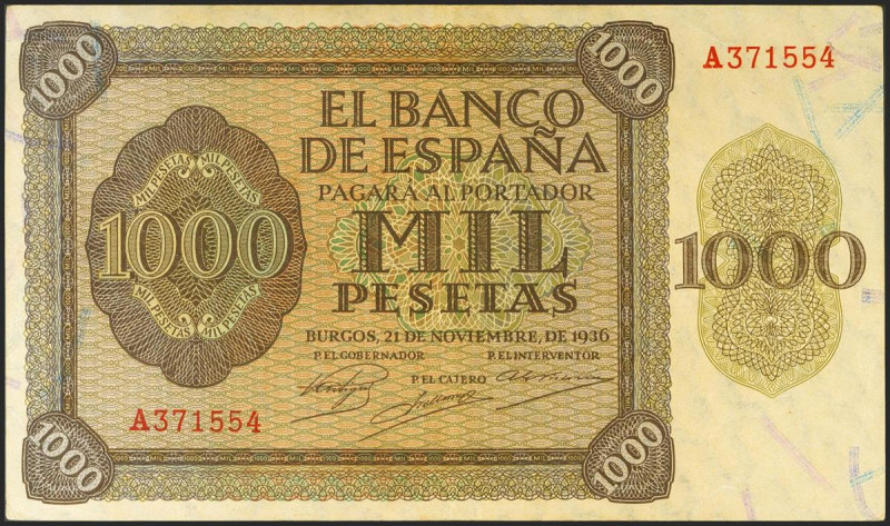 1000 Pesetas. 21 de Noviembre de 1936. Serie A. (Edifil 2021: 423). Conserva par...