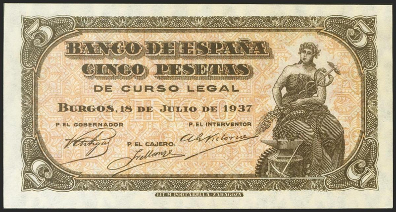 5 Pesetas. 18 de Julio de 1937. Sin serie. (Edifil 2021: 424). Conserva gran par...