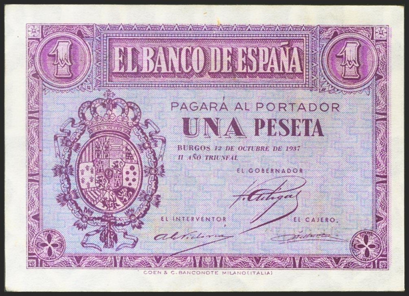 1 Peseta. 12 de Octubre de 1937. Serie B. (Edifil 2021: 425a). Conserva la mayor...