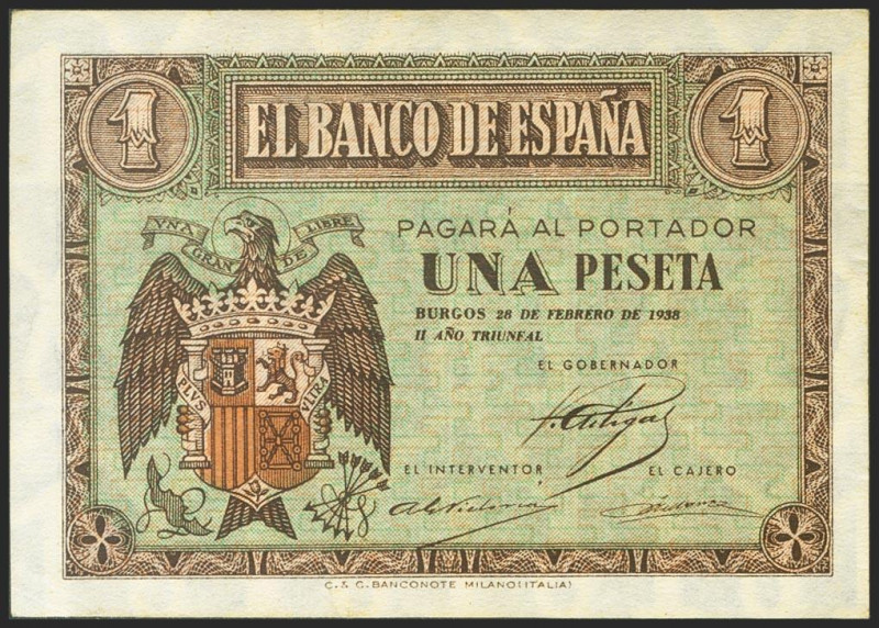 1 Peseta. 28 de Febrero de 1938. Serie B. (Edifil 2021: 427a). Apresto original....