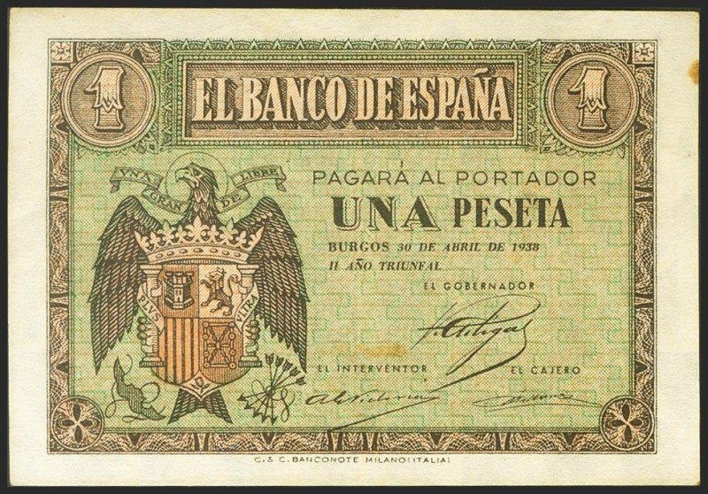 1 Peseta. 30 de Abril de 1938. Serie G. (Edifil 2021: 428a). Conserva gran parte...