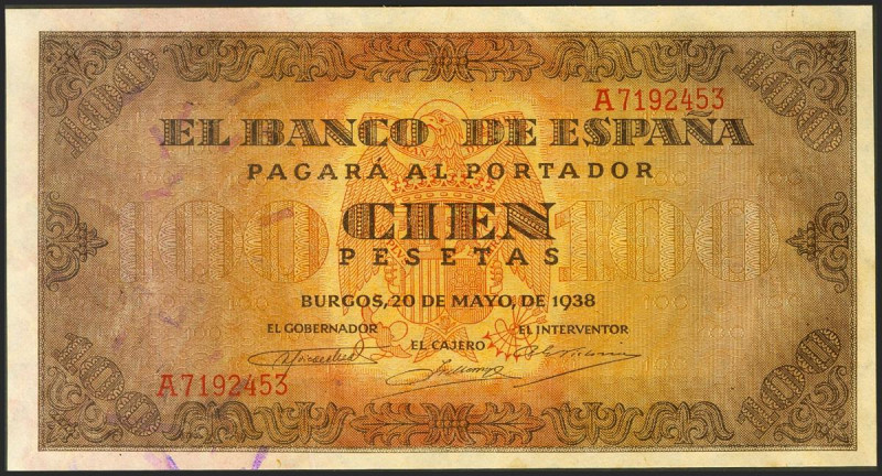 100 Pesetas. 20 de Mayo de 1938. Serie A. (Edifil 2021: 432). Arruguitas natural...