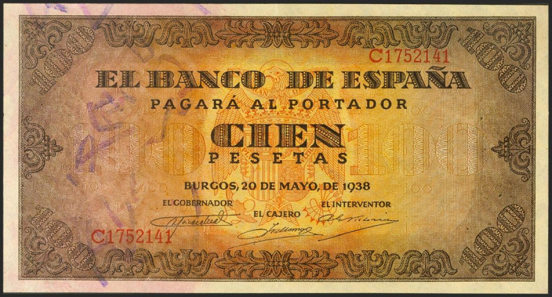 100 Pesetas. 20 de Mayo de 1938. Serie C. (Edifil 2021: 432a). Conserva gran par...