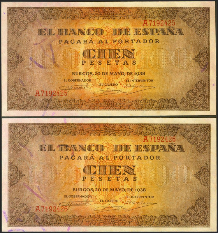 100 Pesetas. 20 de Mayo de 1938. Pareja correlativa. Serie A. (Edifil 2021: 432)...