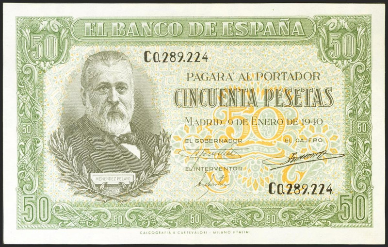 50 Pesetas. 9 de Enero de 1940. Serie C. (Edifil 2021: 437a). Conserva todo su a...