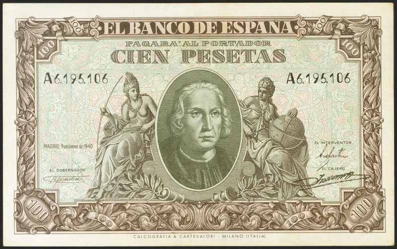 100 Pesetas. 9 de enero de 1940. Serie A. (Edifil 2021: 438). Imperceptible ondu...