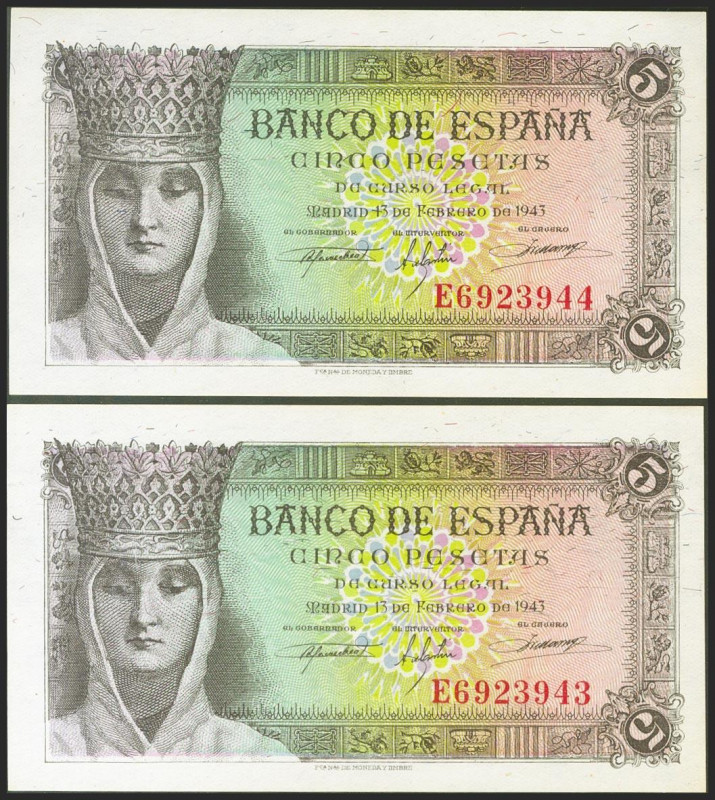 1 Peseta. 13 de Febrero de 1943. Pareja correlativa. Serie E. (Edifil 2021: 446a...