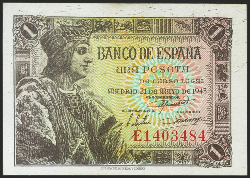 1 Peseta. 21 de Mayo de 1943. Serie E. (Edifil 2021: 447a). Apresto original. SC...