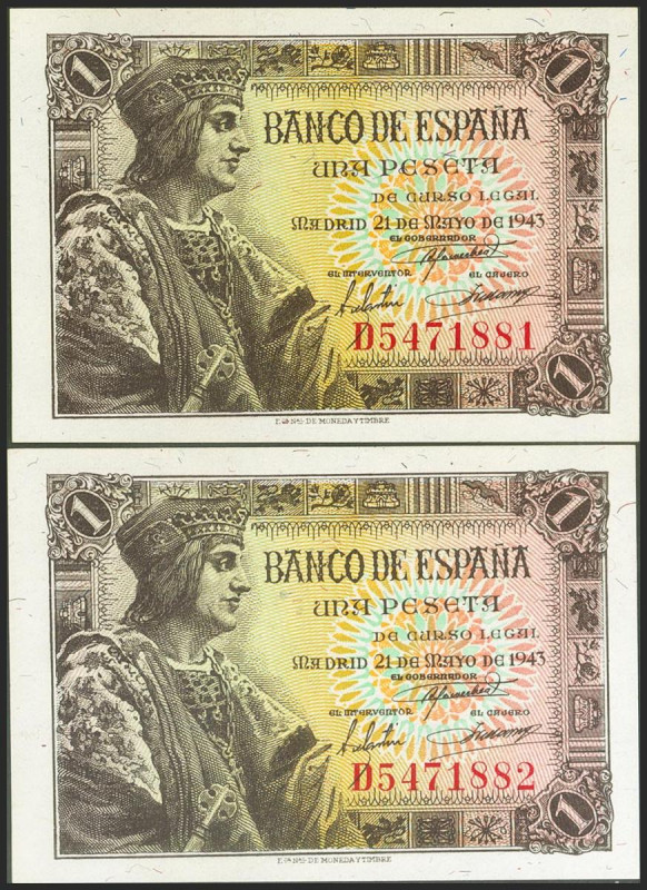 1 Peseta. 21 de Mayo de 1943. Pareja correlativa. Serie D. (Edifil 2021: 447a). ...