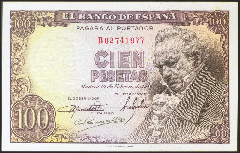 100 Pesetas. 19 de Febrero de 1946. Serie B, última serie emitida. (Edifil 2021:...