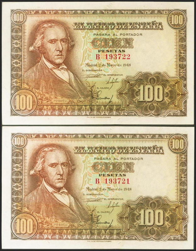 100 Pesetas. 2 de Mayo de 1948. Pareja correlativa. Serie B. (Edifil 2021: 456a)...