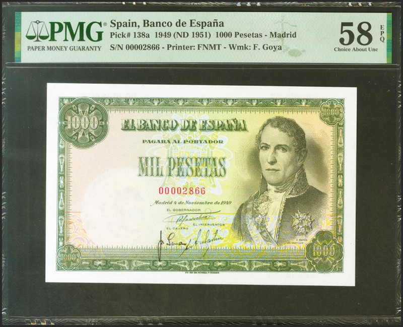 1000 Pesetas. 4 de Noviembre de 1949. Sin serie y numeración muy baja. (Edifil 2...