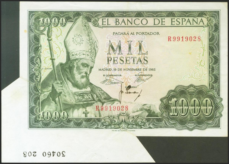 1000 Pesetas. 19 de Noviembre de 1965. Espectacular error de guillotinado en la ...