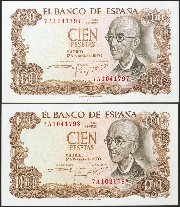 100 Pesetas. 17 de Noviembre de 1970. Pareja correlativa. Serie 7A. (Edifil 2021...