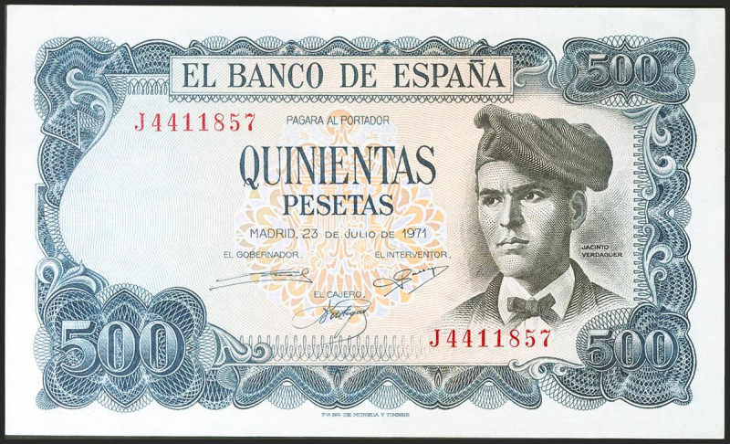 500 Pesetas. 23 de Julio de 1971. Serie J. (Edifil 2021: 473a). Conserva todo su...