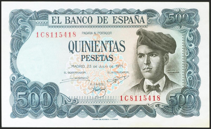 500 Pesetas. 23 de Julio de 1971. Serie 1C. (Edifil 2021: 473a). Apresto origina...