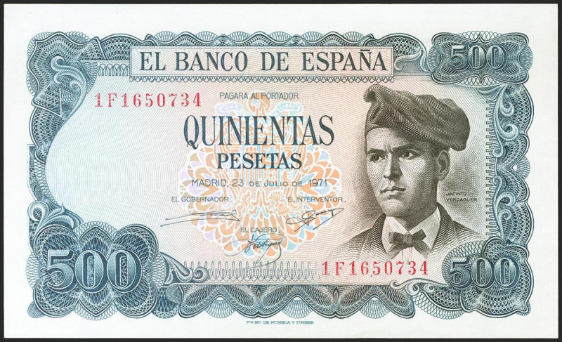 500 Pesetas. 23 de Julio de 1971. Serie 1F. (Edifil 2021: 473a). Conserva todo s...