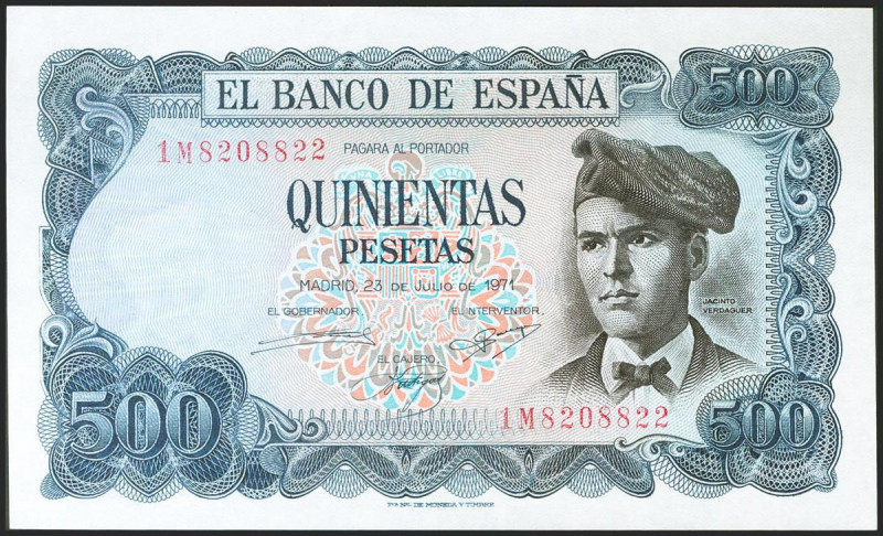 500 Pesetas. 23 de Julio de 1971. Serie 1M. (Edifil 2021: 473a). Conserva todo s...