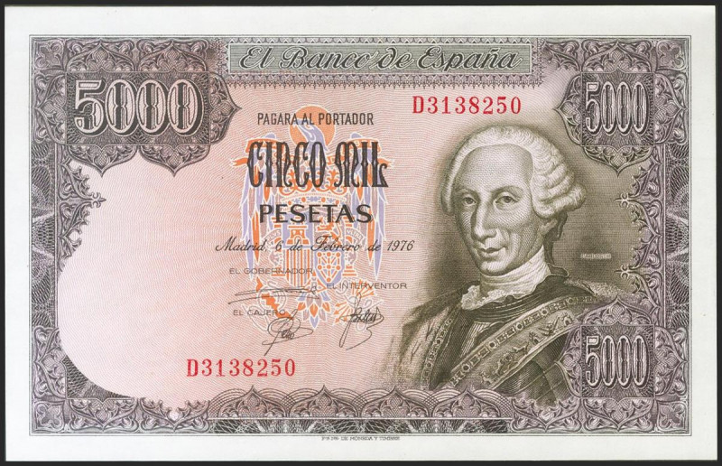 5000 Pesetas. 6 de Febrero de 1976. Serie D. (Edifil 2021: 475a). SC-.