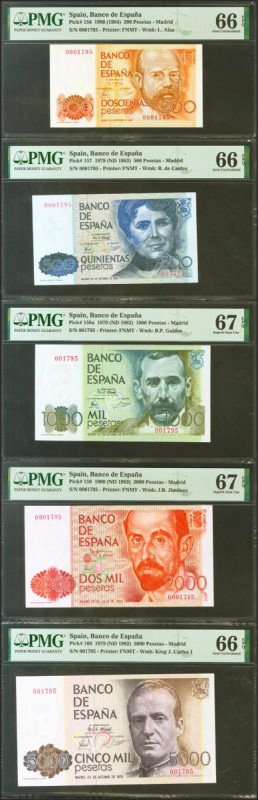 Conjunto de 5 billetes del Banco de España de 200 Pesetas, 500 Pesetas, 1000 Pes...