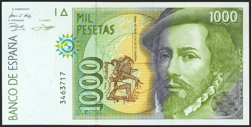 1000 Pesetas. 12 de Octubre de 1992. Sin serie. (Edifil 2021: 483). SC.