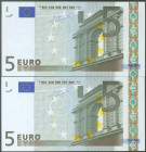 5 Euros. 1 de Enero de 2002. Pareja correlativa. Firma Trichet. Serie V (España) (cabe recordar que el último dígito de la numeración de todos los bil...