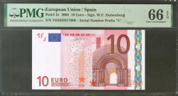 10 Euros. 1 de Enero de 2002. Firma Duisenberg. Serie V (España). (Edifil 2021: 487, Pick: 2v). SC. Encapsulado PMG66EPQ.