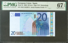 20 Euros. 1 de Enero de 2002. Firma Duisenberg. Serie V (España). (Edifil 2021: 488, Pick: 3v). SC. Encapsulado PMG67EPQ.