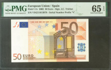 50 Euros. 1 de Enero de 2002. Firma Duisenberg. Serie V (España). (Edifil 2021: 489, Pick: 11v). SC. Encapsulado PMG65EPQ.